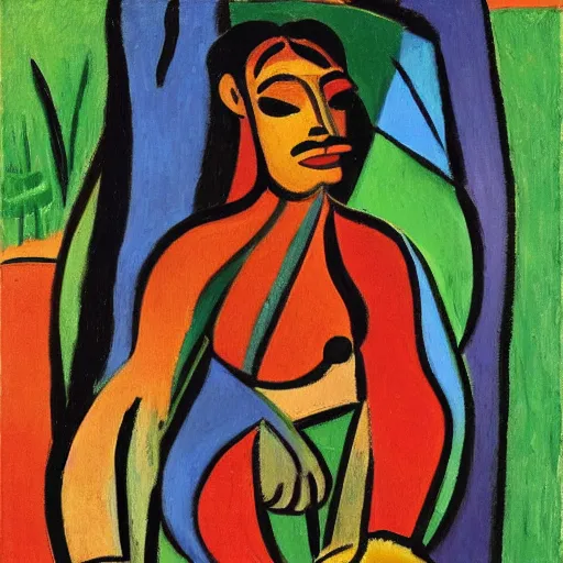 Prompt: painting of a tiger, and young native american woman, in a jungle, by alexej von jawlensky, picasso