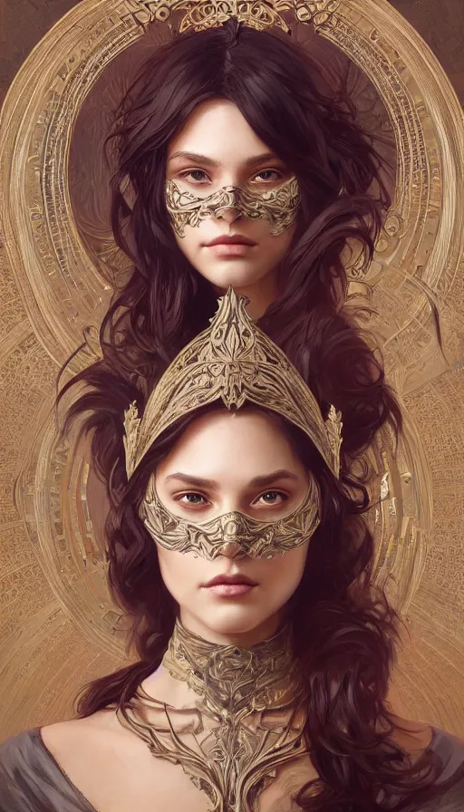 Image similar to masked, perfectly-centered-Portrait of the most beautiful woman on the planet , intricate, highly detailed, digital painting, artstation, concept art, smooth, sharp focus, illustration, Unreal Engine 5, 8K, art by artgerm and greg rutkowski and alphonse mucha
