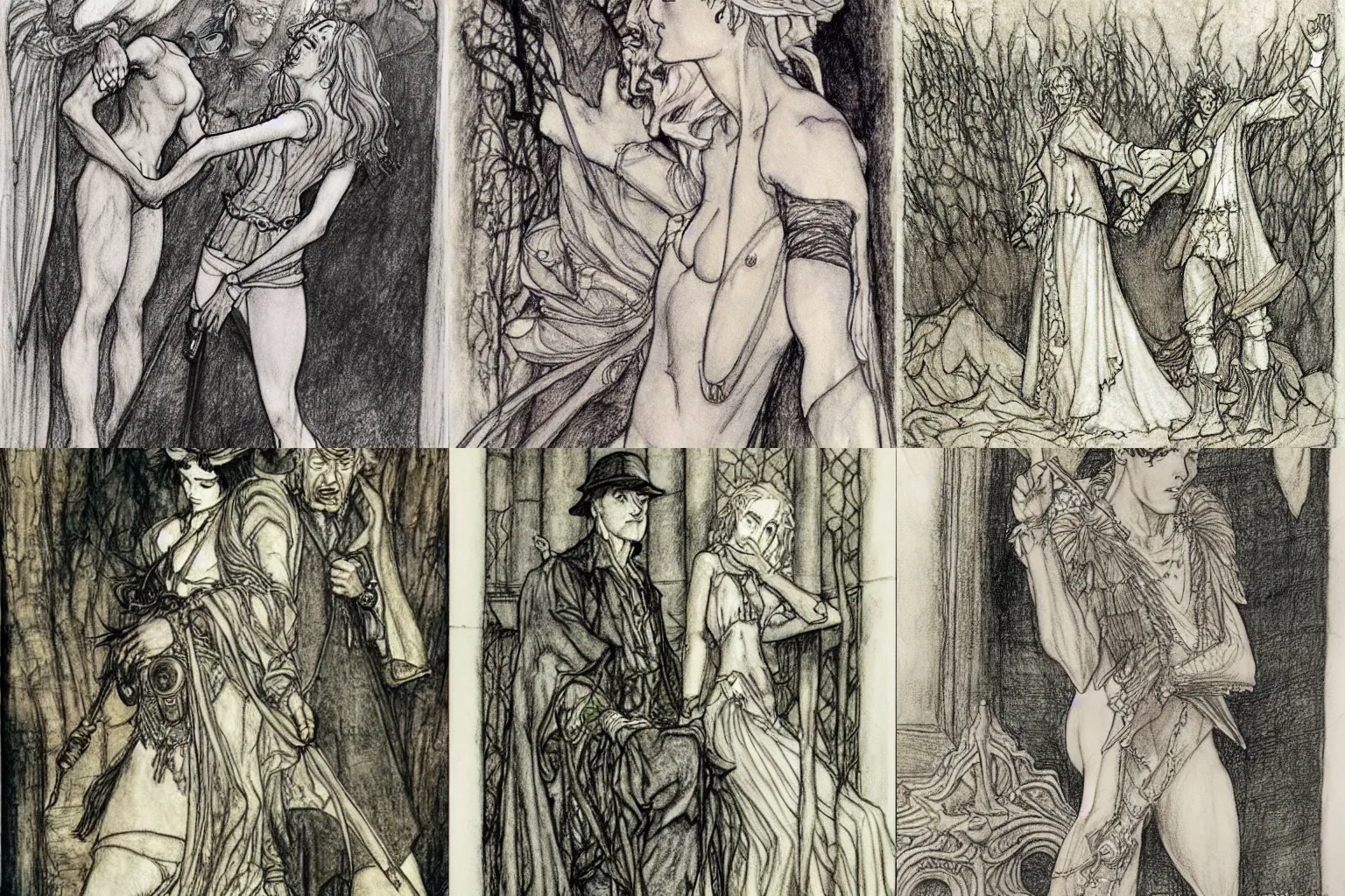 Prompt: law and lawlessness. pencil drawing by arthur rackham and milo manara