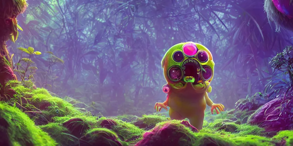 Prompt: of an intricate hazy jungle with strange colorful cute friendly funny creatures with huge eyes, long tongue, square teeth and funny face appearing from the foliage, in the style of mike winkelmann, macro lens, shallow depth of field, highly detailed, digital painting, trending artstation, concept art, illustration, cinematic lighting, vibrant colors, photorealism, epic, octane render