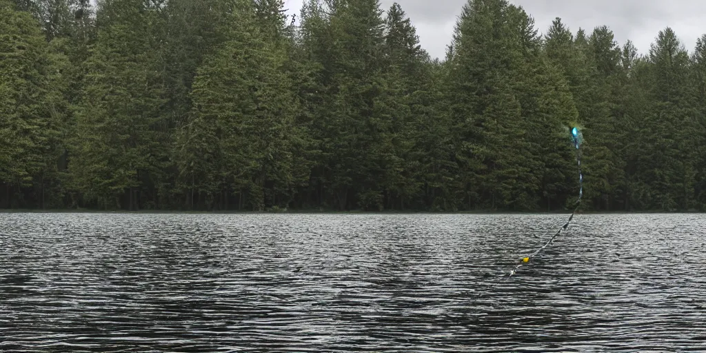 Prompt: symmetrical photograph of an infinitely long rope floating on the surface of the water, the rope is snaking from the foreground stretching out towards the center of the lake, a dark lake on a cloudy day, trees in the background, anamorphic lens, surreal