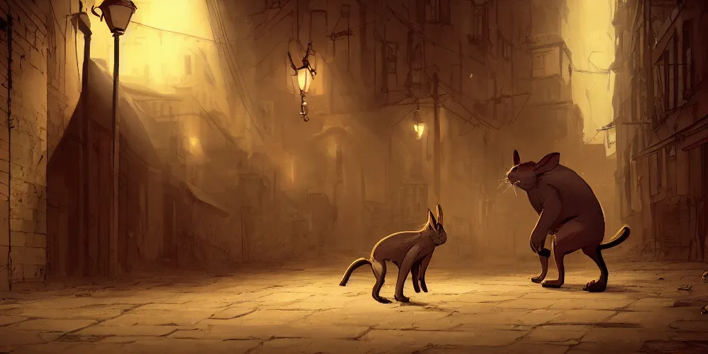 Image similar to a slender rabbit is talking with a big cat in a dark alley, warm color palette, night time, dramatic lighting, noir film, fine details, high contrast, blacksad, kim jung gi, greg rutkowski, trending on artstation, 8 k, ultra wide angle