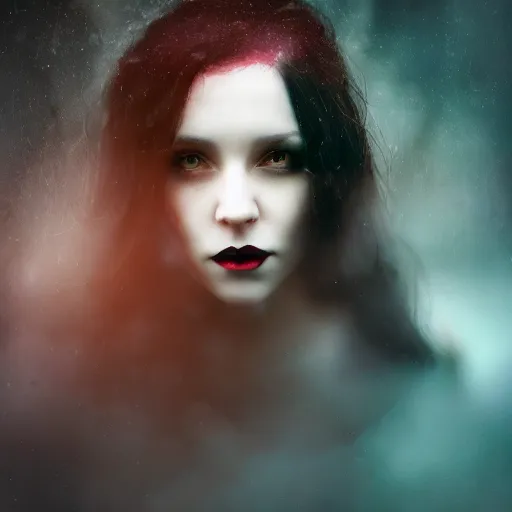 Image similar to riveting charismatic brunnette female vampire, portrait, atmospheric lighting, painted, intricate, highgate cemetery, fog, cold, volumetric lighting, beautiful, blue moon light, sharp focus, deep colours, ultra detailed, by leesha hannigan, ross tran, thierry doizon, kai carpenter, ignacio fernandez rios