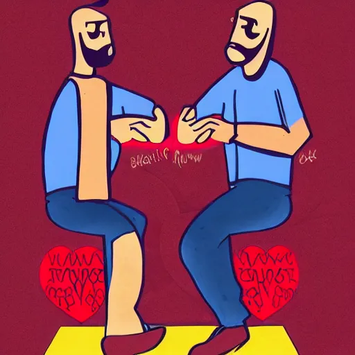 Image similar to two beautiful chad men drinking beer, red hearts, friendship, love, sadness, dark ambiance, concept by Godfrey Blow, featured on deviantart, drawing, sots art, lyco art, artwork, photoillustration, poster art