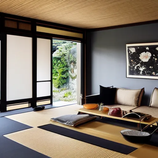 Image similar to lounge and dining room, stone, interior design, stylish luxury hotel living room design, yakisugi, black vertical slatted timber, textures, feminine, black walls, art, Japanese pottery vase with flowers, kakejiku, seasonal, Japanese influences