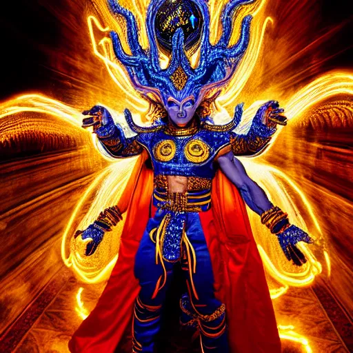 Image similar to uhd photorealisitc candid photo of a cosmic gogeta powering up. intricate details. ornate costume. glowing, powering up. hyperdetailed, accurate, studio lighting. correct face. photo by annie leibowitz and steve mccurry