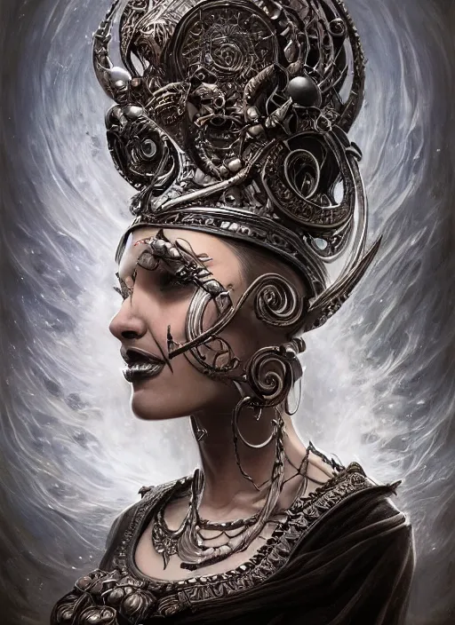 Prompt: full portrait of queen of the third eye, black metal shiny skin. intricate, elegant, highly detailed, centered, digital painting, artstation, concept art, smooth, sharp focus, illustration, artgerm, tomasz alen kopera, peter mohrbacher, donato giancola, joseph christian leyendecker, wlop, frank frazetta