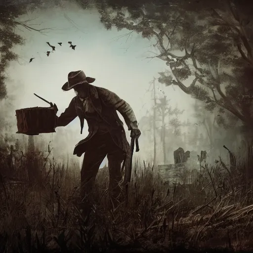 Prompt: a matte painting of hunters from hunt showdown videogame holding a birthday cake, digital art, very detailed, in the style of greg rutkowski,