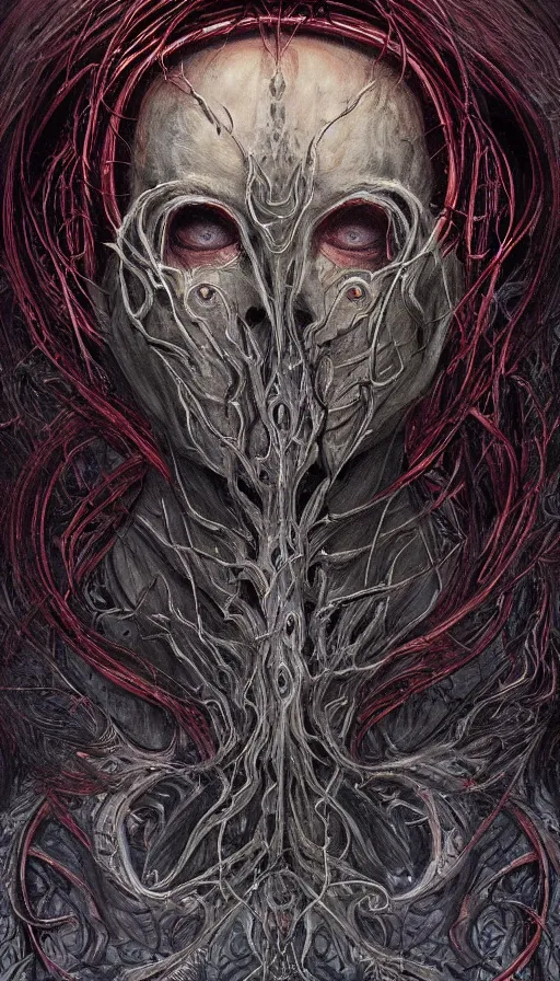 Image similar to Elden Ring and Doom themed painting of beautiful eldritch symmetrical face mask pattern concept, infinity glyph, intricate artwork by, Johnatan Wayshak, Zdizslaw Beksinski, Ayami Kojima, Amano, Karol Bak, Darius Zawadzki, and Mark Brooks, Neo-Gothic, gothic, rich deep colors, art by Takato Yamamoto, masterpiece, face by Artgerm, H.R. Giger, very coherent artwork, cinematic, hyper realism, high detail, octane render, unreal engine, 8k, High contrast, golden ratio, trending on cgsociety, ultra high quality model, production quality cinema model