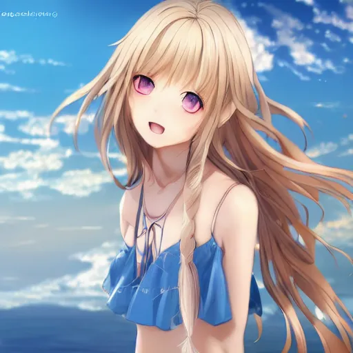 kawaii anime beautiful girl, long blonde shimmering