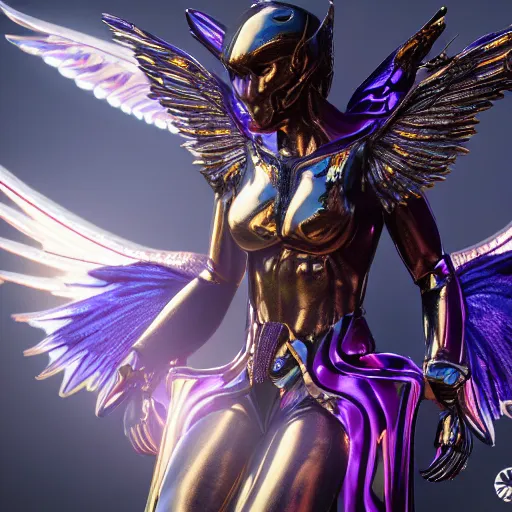 Image similar to a photo of 8k ultra realistic archangel with 6 wings, full body, intricate purple and blue neon armor, ornate, cinematic lighting, trending on artstation, 4k, hyperrealistic, focused, high details, unreal engine 5, cinematic