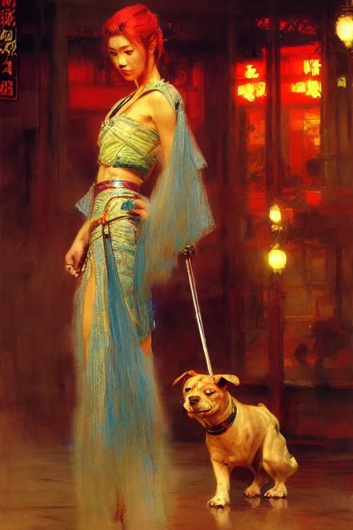 Image similar to dog, wuxia, neon light, painting by gaston bussiere, craig mullins, j. c. leyendecker