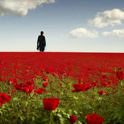 Prompt: Roland Deschain walking alone in a field of red roses towards the Dark Tower in the distance, photo realistic