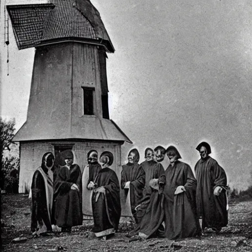 Image similar to worshippers dressed in robes belonging to the cult of the windmill. Dilapidated 1800s windmill. 1800s photo.