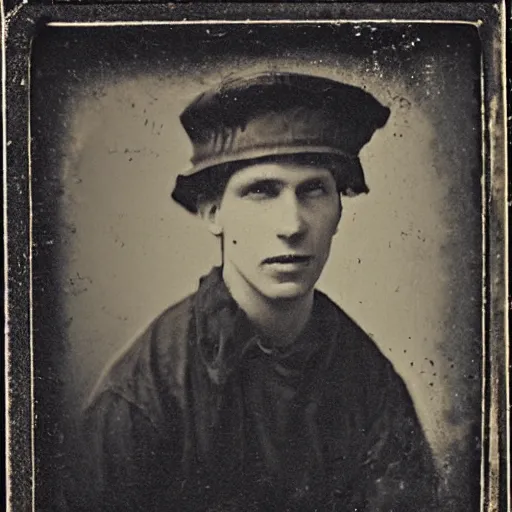 Image similar to daguerreotype photograph of jerma 9 8 5 wearing a ripped t - shirt and a newsboy cap, old photo, vintage, industrial revolution, historical archive, realistic