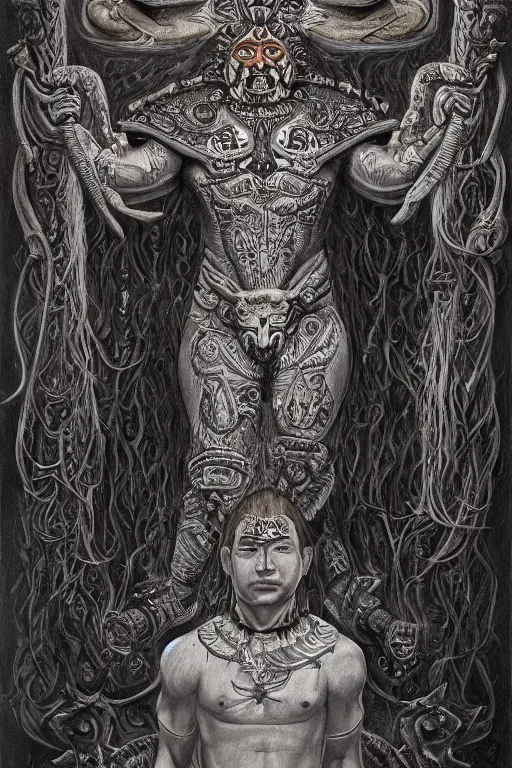 Image similar to a beautiful painting of full - body mayan jaguar warrior, wisdom, good and evil, white ink + magical + symmetrical + detailed intricate + heraldic design + atmosphere high details, in the style of jean delville, artstation, 8 k, 4 k, cinematic