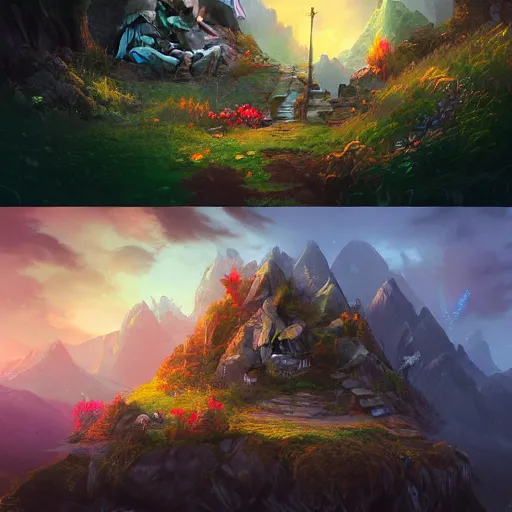 Prompt: hobbit home, fantasy scene, fairy particle, illustration comic manga painting of road environment : 6 fantasy environment, digital painting, volumetric lighting by feng zhu, 3 d alejandro alvarez alena aenami artworks in 4 k beeple, by thomas kinkade hearstone league of legends dofus overwatch