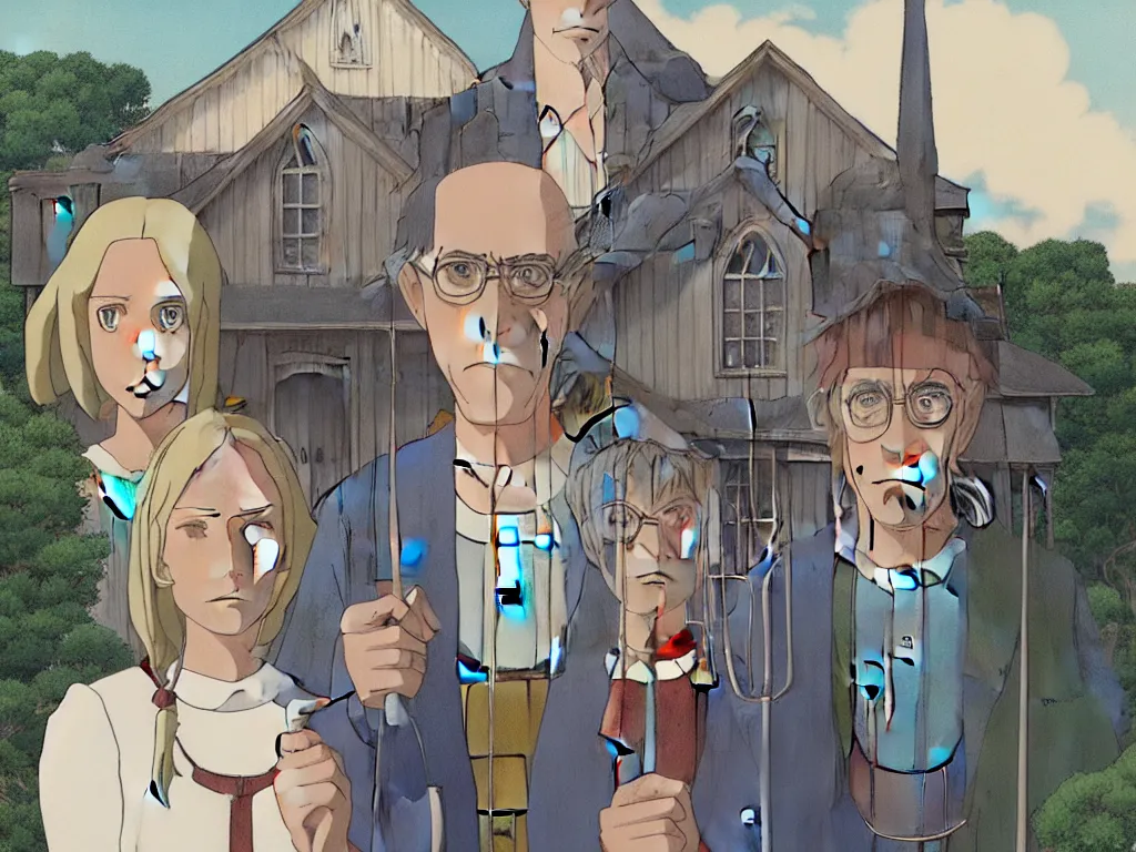 Image similar to american gothic in detailed studio ghibli anime style