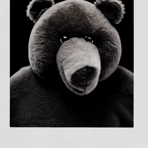 Image similar to a ( ( ( ( ( ( ( ( ( chiaroscuro lighting portrait ) ) ) ) ) ) ) ) ) ) of kanye west dressed as teddy bear mascot, black background, portrait by julia margaret cameron, shallow depth of field, 8 0 mm, f 1. 8