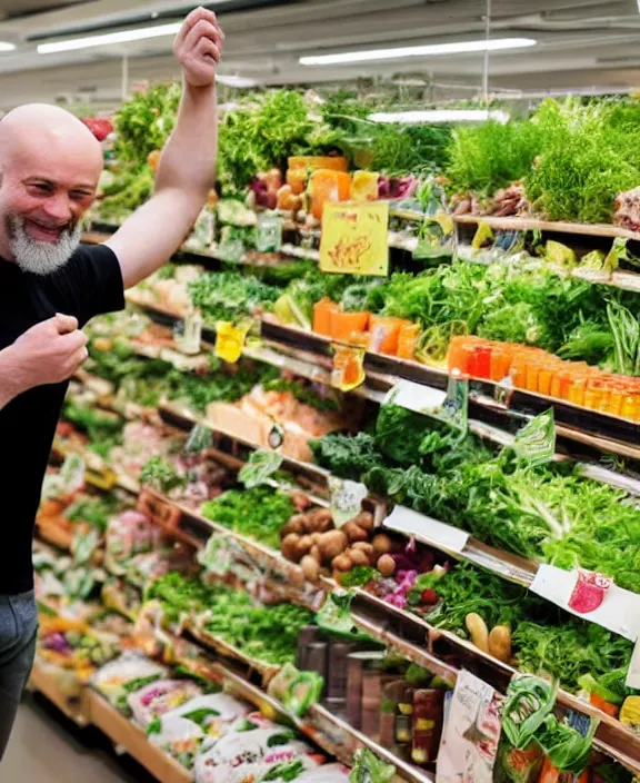 Prompt: a bald man with a beard gestures to a display of boxes of suddenly salad at the end cap inside a supermarket