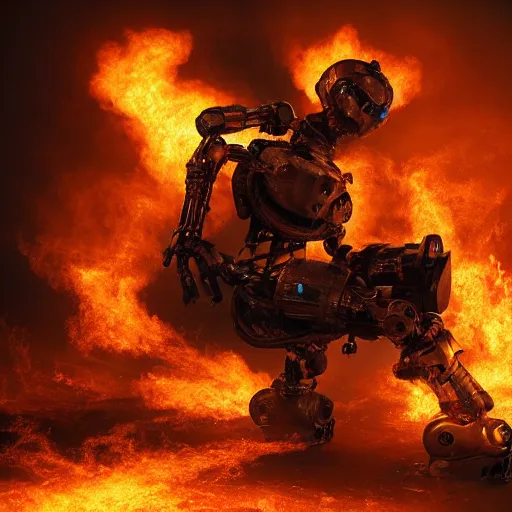 Image similar to toaster oven terminator robot, dark messy smoke - filled cluttered workshop, dark, dramatic lighting, orange tint, sparks, plasma charge, cinematic, highly detailed, sci - fi, futuristic, movie still