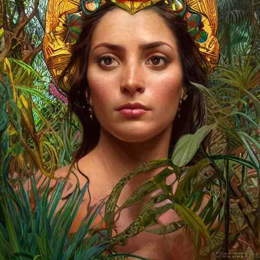 Prompt: portrait of a beautiful alluring female aztec queen in a dense jungle at sunset, detailed, centered, digital painting, artstation, concept art, donato giancola, alphonse mucha, Joseph Christian Leyendecker, WLOP, Boris Vallejo, Breathtaking, 8k resolution, extremely detailed, beautiful, establishing shot, artistic, hyperrealistic, beautiful face, octane render