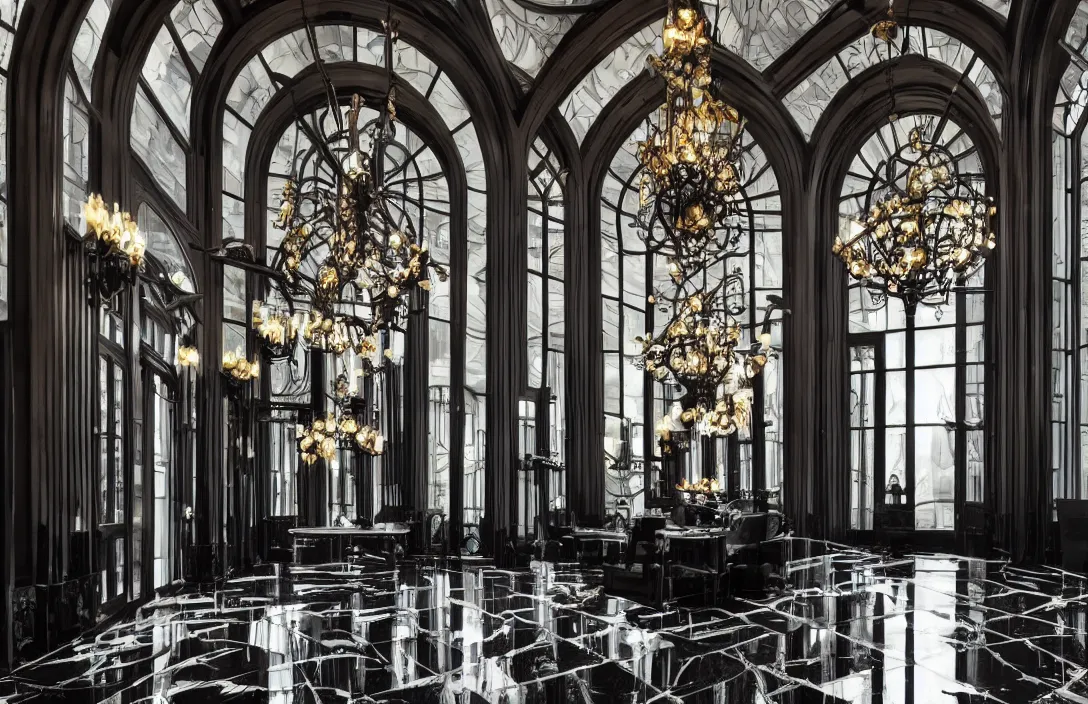 Image similar to photo of cold steel sci fi art-deco imperial palace interior, black marble floors and soft ceruleum chandelier, floor to ceiling arched gothic windows, dramatic lighting