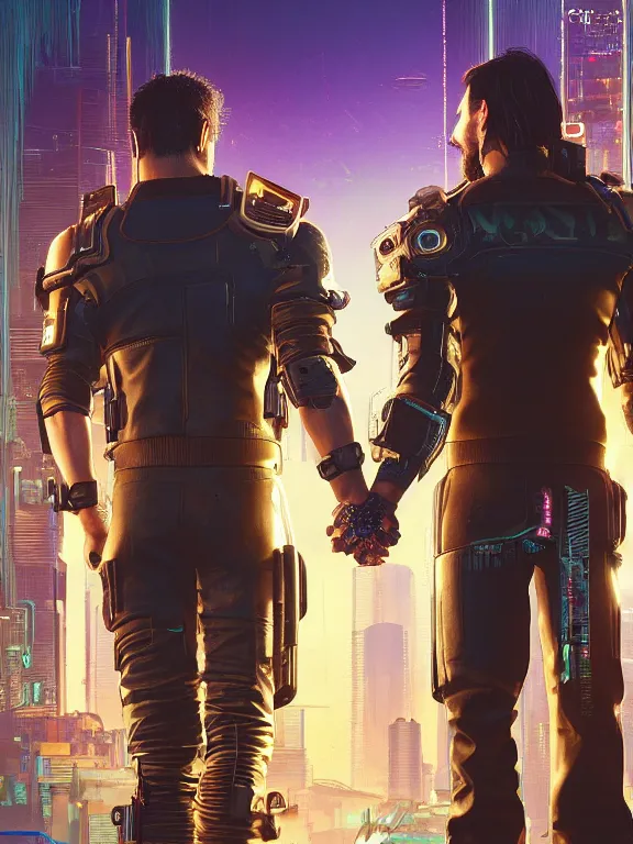 Image similar to a cyberpunk 2077 couple portrait of Keanu Reeves and V ,love story , lots of electric cable behind them connected to giant computer,film lighting,by laurie greasley,Lawrence Alma-Tadema,William Morris,Dan Mumford,trending on atrstation,FAN ART,full of color,Digital painting,highly detailed,8K, octane,golden ratio,cinematic lighting