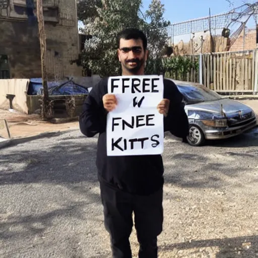 Image similar to photo of emad holding a sign saying free kittens