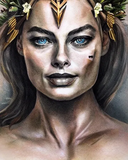 Image similar to realism tattoo sketch of margot robbie as a beautiful greek goddess aphrodite with piercing eyes wearing a laurel wreath and triangle earrings, in the style of greg rutkowski, amazing detail