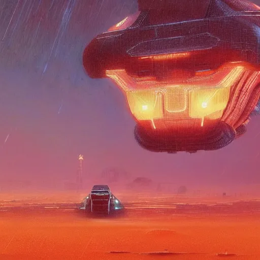 Prompt: scene from bladerunner 2 0 4 9 movie, syd mead artlilery spaceship lands in an alien landscape, filigree ornaments, volumetric lights, simon stalenhag, beksinski