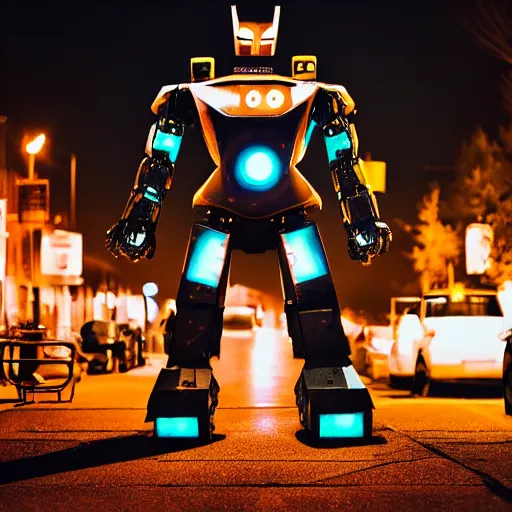 Image similar to giant robot at night, claws, humanoid, face, horror movie, stark light, dramatic lighting, evil smile, street at night, cars in the background, trash on the ground, night sky, scary, evil