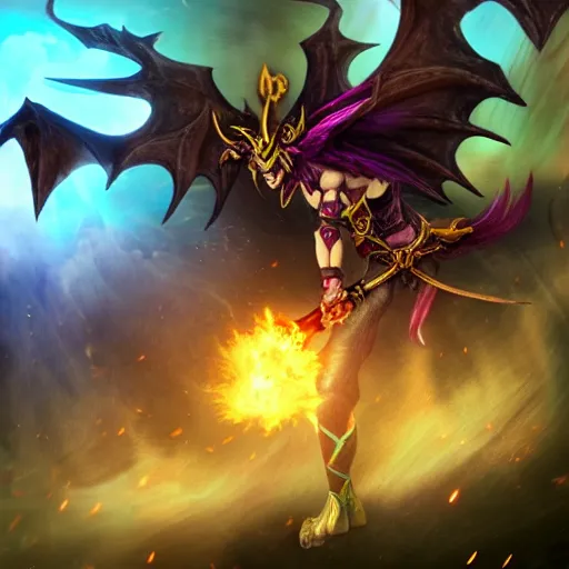 Image similar to flying fairy fighting against dragon demon in style of warcraft