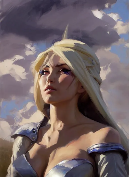 Image similar to Greg Manchess painting of Syndra from League of Legends, countryside, calm, fantasy character portrait, dynamic pose, above view, sunny day, thunder clouds in the sky, artwork by Jeremy Lipkin and Giuseppe Dangelico Pino and Michael Garmash and Rob Rey, very coherent asymmetrical artwork, sharp edges, perfect face, simple form, 100mm