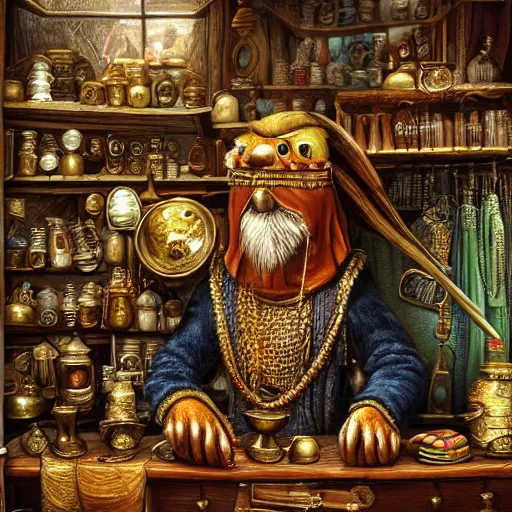 Prompt: Anthropomorphized parrot trader in his shop, selling his wares, portrait, items, gold, carpet, window, sly l, cunning expression, presenting wares, holding a gold bag, D&D, fantasy, cinematic lighting, highly detailed, digital painting, artstation, concept art, smooth, sharp focus, illustration, warm light, cozy warm tint, magic the gathering artwork, volumetric lighting, 8k, art by Akihiko Yoshida, Greg Rutkowski