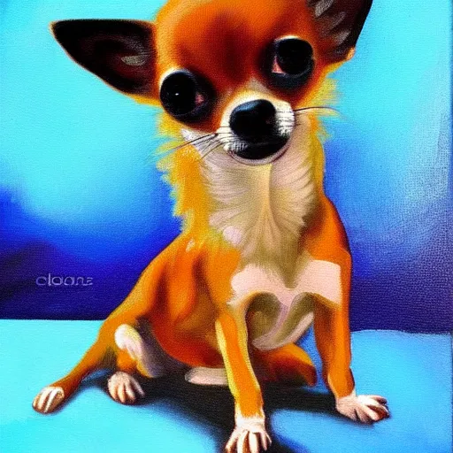 Image similar to chihuahua holding a camera, oil painting