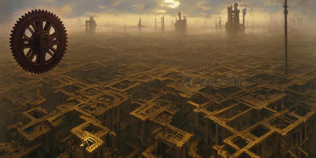 Image similar to giant interlocked gears cogs floating in the sky no people clockwork, giant mechanisms, industry, villages castles, buildings vista artstation illustration sharp focus sunlit vista painted by ruan jia raymond swanland lawrence alma tadema zdzislaw beksinski tom lovell alex malveda greg staples