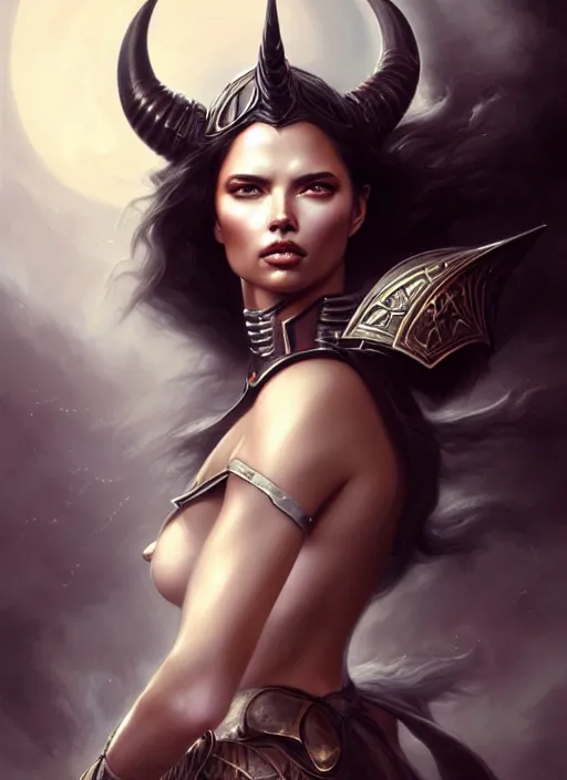 Image similar to a beautiful woman with horns and armor, victorian armor, adriana lima, painted by artgerm and tom bagshaw, fantasy art, dramatic lighting, highly detailed oil painting, volumetric lighting