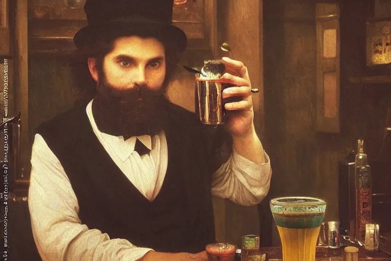 Prompt: a magician from tolkien with beautiful eyes and a full beard holding a multicolored magic drink in a bar, highly detailed painting by studio ghibli and william adolphe bouguereau, nice lighting, smooth tiny details, soft and clear shadows, low contrast, perfect