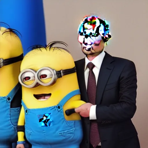 Image similar to vladimir putin holding and eating a minion, highly detailed