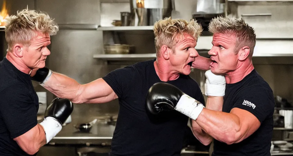 Image similar to photo of angry furious Gordon Ramsay punching Gordon Ramsay at the kitchen