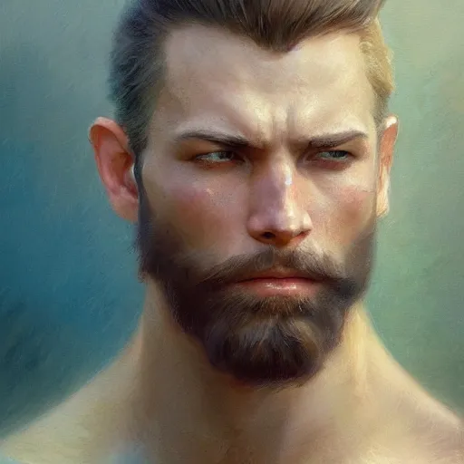 Image similar to detailed cinematic wide shot of muscular attractive young man wearing navy clothing beard slim face symettrical face clean skin blue eyes white hair, ultra realistic, spring light, painting by gaston bussiere, craig mullins, j. c. leyendecker