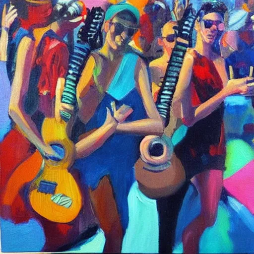 Prompt: “springbreak party, oil painting by mark tennant”