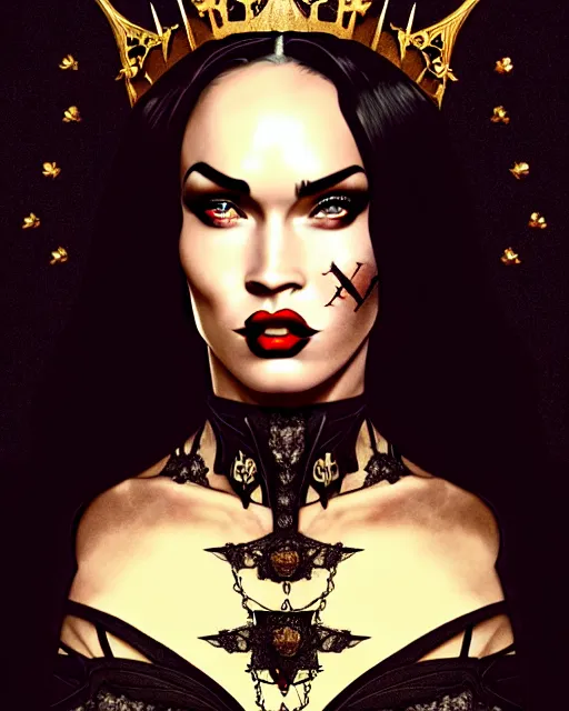 Prompt: megan fox witch queen, black eyes, blood, full body, intricate victorian dress, digital art, middle shot, cinematic lighting, studio quality, symmetrical eyes, artgerm, joshua middleton, rafael albuquerque, moody lighting, candles, art style by klimt, nixeu and ian sprigger and wlop and krenz cushart