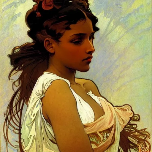 Image similar to beautiful brown skin girl with pouty lips by alphonse mucha and greg manchess