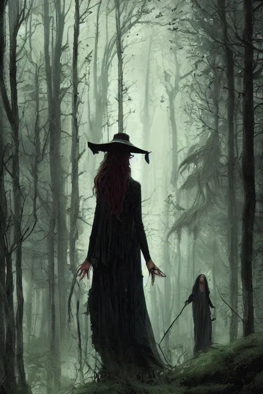 Image similar to Witch coven in the forest, horror, illustrated by Greg Rutkowski and Caspar David Friedrich., Trending on artstation, artstationHD, artstationHQ, 4k, 8k