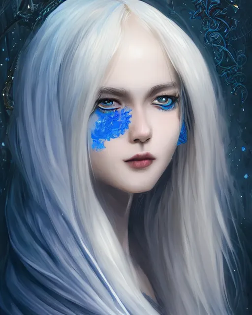 Image similar to A beautiful mysterious girl with cobalt-blue eyes and silky white hair, guitar shape build, her wardrobe is attractive, full body, fantasy art, in the style of Turine Tran, illustration, epic art, fantasy, intricate, elgant, amazing detail, digital painting, artstation, concept art, smooth, sharp focus