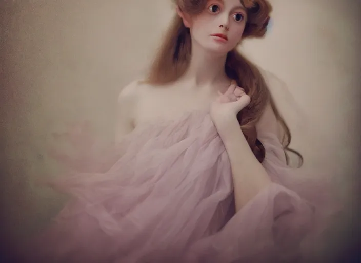 Image similar to portrait photography of a woman Degas beauty type, in style of Cecil Beaton, brigitte bardot style 3/4 , natural color skin like porcellain pointed in rose, long hair with ornamental hairstyle, full body dressed with a ethereal transparent voile dress, elegrant, 8K post production, soft focus, melanchonic rose soft light, volumetric lighting, highly detailed Realistic, Refined, Highly Detailed, natural point rose', indoor soft lighting, soft delicate lighting colors scheme, soft blur lighting, fine art fashion photography
