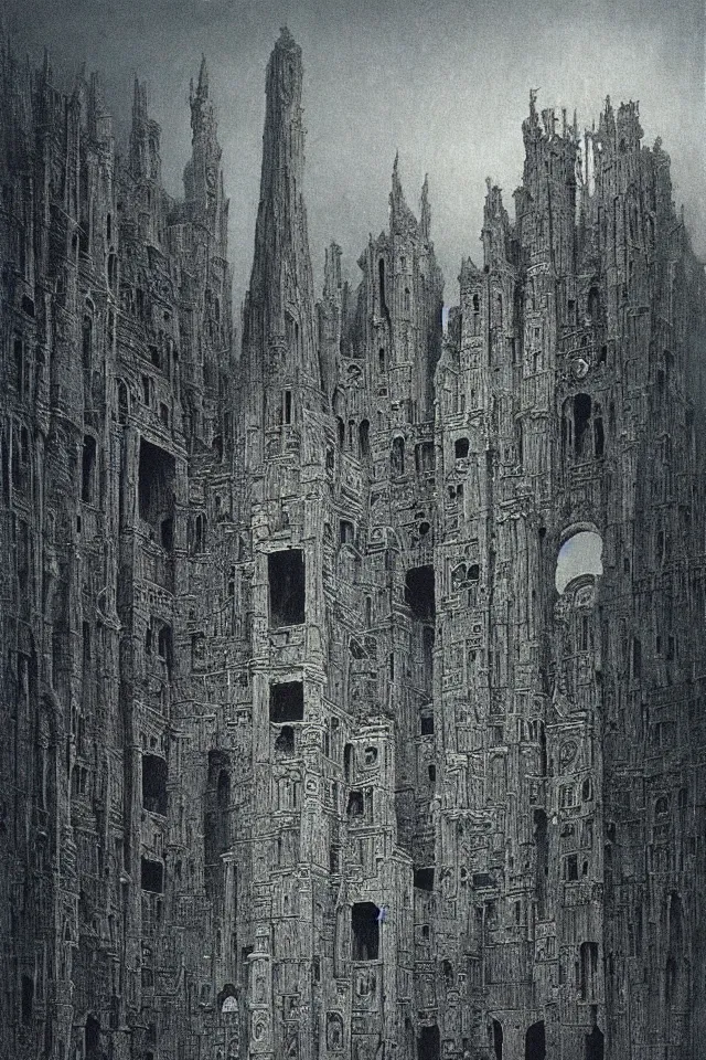 Prompt: painting of an colossal ominous morbid cathedral, high level of details, by Beksinski,