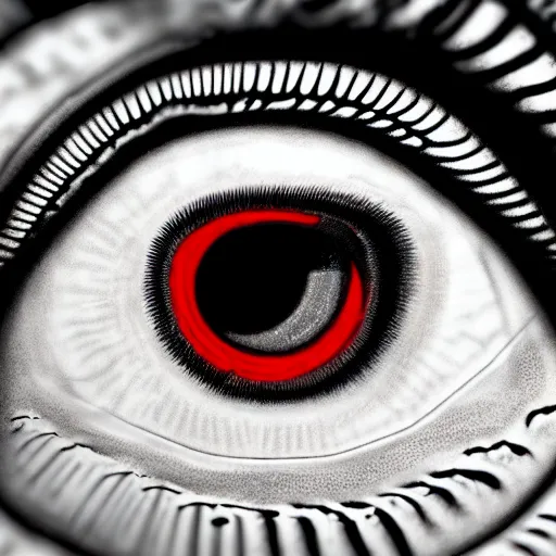 Image similar to a detailed extremely close up of inside the iris, cornea, red image, microscopic, extremely close up drawing by junji ito, cgsociety, generative art, lovecraftian, parallax, cosmic horror, extremely detailed, hyperrealism, unreal engine, octane render, award winning, masterpiece, highly detailed, realistic, 4 k, digital